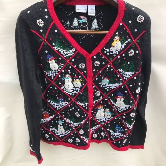 Vintage All Points Kim Rogers Christmas Sweaters Womens Small Black Snowman/dogs - Picture 2 of 10